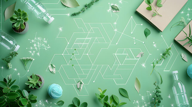 A partially transparent image of recycled paper products with animated eco - friendly icons, with a tech grid overlay, against a pastel green background.