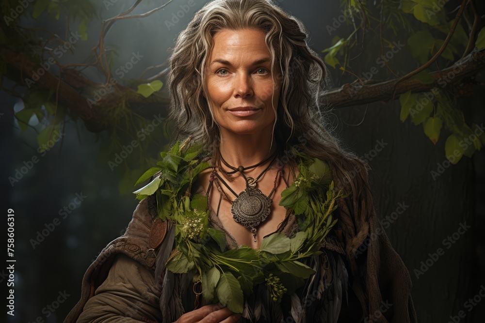 Wall mural A middle-aged female druid adorned with leaves and natural jewelry, age 55