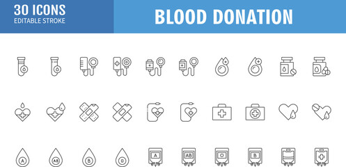 set of 40 blood donation line icon - obrazy, fototapety, plakaty