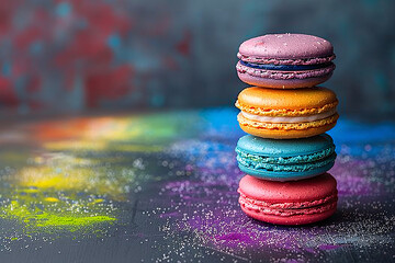Realistic photograph of a complete stack of assorted macarons in pastel colours on dark background