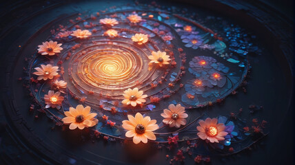 Swirling flowers in spiral shapes. They burst and glow in the darkness. Generative AI.