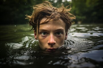 Photo of a teenage boy submerged in a river, his expression filled with determination as he trains for an upcoming underwater photography competition. He is an aspiring photographer from France, c