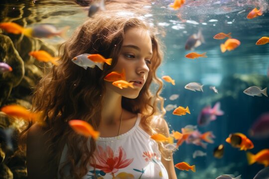 A teenage girl submerged in a crystal-clear lagoon, surrounded by colorful coral and tropical fish. She is a local from Hawaii, practicing freediving as a form of meditation and connectio