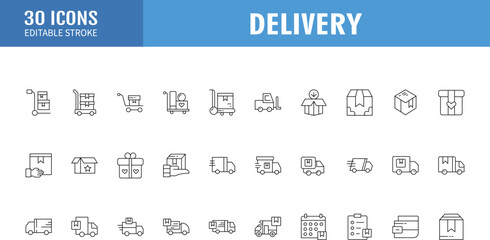 Delivery line icon set . Editable stroke. Containing as  shipping, delivery, package, gift and more. Vector illustration