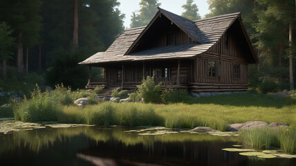 Fototapeta na wymiar Wooden cottage by the lake surrounded by green trees. Summer. Generative AI.