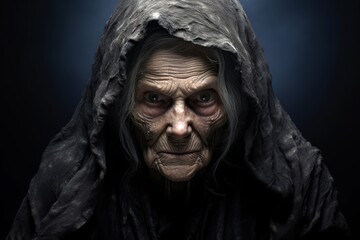 Portrait of an evel elderly female necromancer with a haunting gaze, age 70.