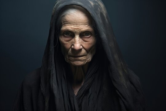 
Photo Portrait of an elderly female necromancer with a haunting gaze, age 70.