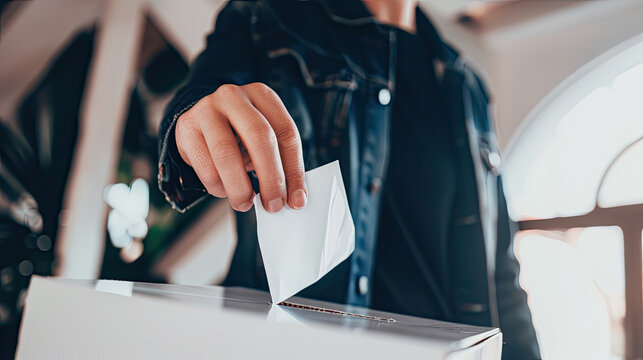 Person in a leather jacket placing a paper ballot into a slot of a white voting box during an election