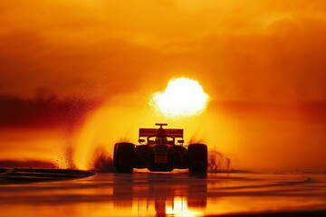 Photorealistic ai artwork of an open wheel racecar on a wet race tract with mist and water, silhouetted in front of a large sun at sunset or sunrise. Generative ai. - obrazy, fototapety, plakaty