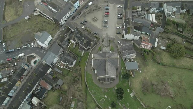 Clones town and historical church, monaghan, ireland, overcast day, aerial view