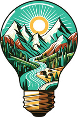Fototapeta na wymiar Light bulb with mountains landscape, vector illustration.