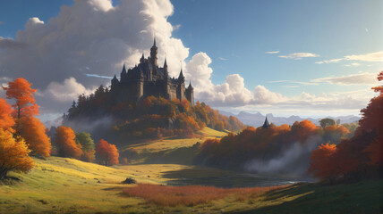 Enchanting medieval castle on a great hill. Beautiful landscape. Generative AI.

