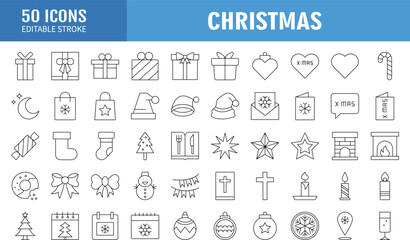 Set of 50 christmas outline icons. Holiday symbol. Line Xmas icons collection. Editable stroke