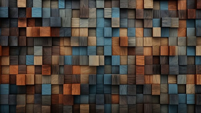 Design an image that highlights the beauty of aged wood art architecture textures, with abstract block stacks in rows of 10 on a wall, and each block presenting a different color. 