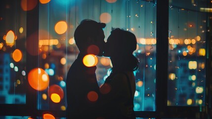 Silhouette of a young couple kissing near the window in the evening - obrazy, fototapety, plakaty
