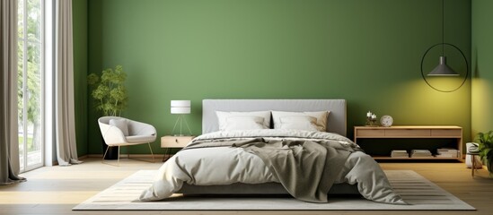 Bedroom with a spacious bed and green-walled interior with two windows. Concept for room layout design.
