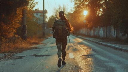 Woman enjoys a peaceful walk through an park, a gentle reminder of the simple pleasures and beauty of nature. Woman with backpack, rucking