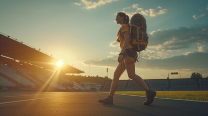 Joyful woman with a large backpack enjoys the golden hour at an empty stadium, rucking, weighted backpack walking, outdoor fitness, ruck marching, endurance training, cardiovascular exercise - obrazy, fototapety, plakaty