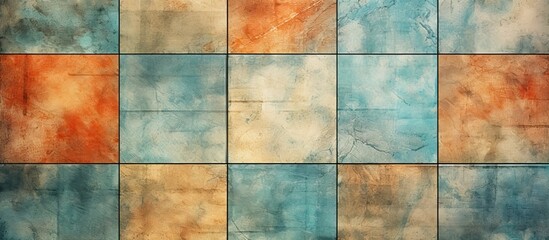 A closeup of a vibrant checkered pattern on a wall, featuring azure, electric blue, and glass rectangles creating symmetry and a visually striking art piece with varying tints and shades - obrazy, fototapety, plakaty