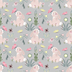 Seamless children's pattern. Cute bunnies with flowers and butterflies on a light gray background.