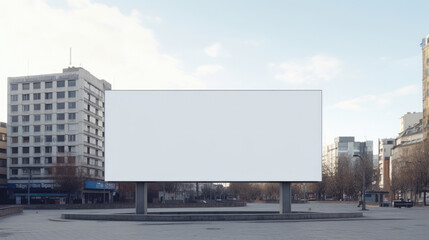 Large outdoor long white billboard commercial advertising mockup in daytime European city with tall buildings, street, and golden light