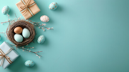 A birds nest filled with eggs is nestled next to a vibrant gift box, creating a whimsical scene of new beginnings and unexpected gifts, Easter Background