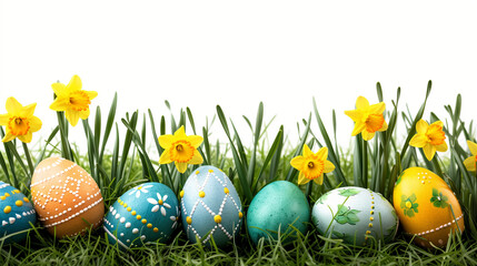 A whimsical row of vibrant painted eggs resting in the lush green grass, showcasing a range of colors and designs, Easter Background