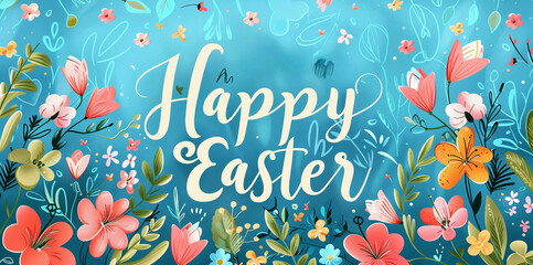 Fototapeta na wymiar Vibrant blue background adorned with colorful flowers surrounding a joyful Happy Easter message in the center, Easter Background Vector Illustration