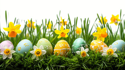 A group of eggs nestled in the vibrant grass with blooming daffodils, symbolizing the arrival of spring and new beginnings, Easter Background 