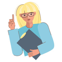 A young business woman with a folder in her hands on a white . Blonde with glasses, pointing with her finger. A smart assistant administrator in the office. Vector illustration. Cartoon flat style.