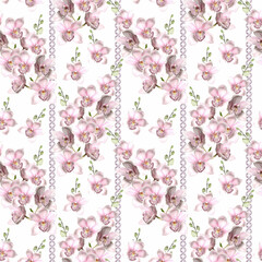 Seamless retro floral pattern. Pink orchid flowers on a white background.
