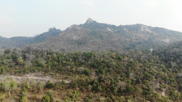 Aerial shot of beautiful forests and mountain range near Maa Kauleshwari Temple, Chatra, Jharkhand, India.
