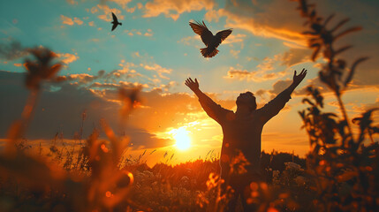 Man experiences freedom and adventure while raising hands against sunset sky with bird fly background. Vintage filter adds color and style. - obrazy, fototapety, plakaty