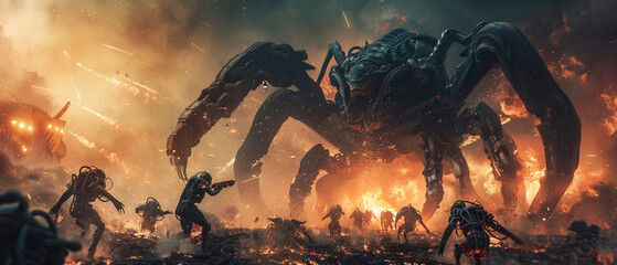 Apocalyptic showdown mechanical warriors fighting against alien forces.3D render