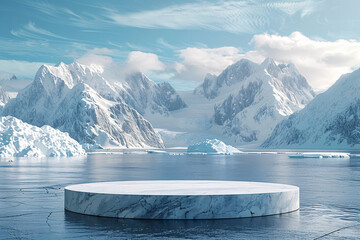 product podium stage presentaion with glacier background for advertisement