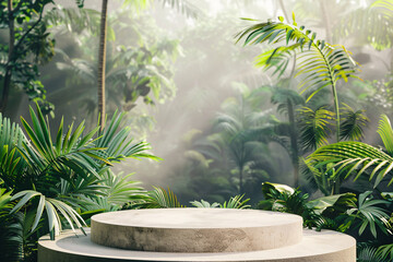 circular product podium presentation with jungle tropical plants background for advertisement