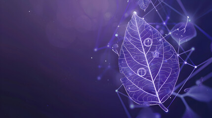 A partially transparent leaf with animated eco - friendly icons, with a tech grid overlay, against a deep purple background.