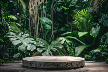 circular product podium presentation with jungle tropical plants background for advertisement