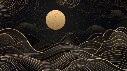 An abstract pattern with a circle shape in a Japanese background with gold texture. Moon and sun with abstract line patterns.