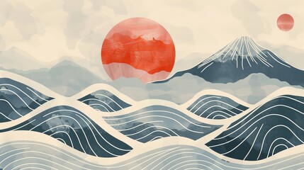 An abstract template with geometric pattern. A mountain and ocean object in an oriental style based on a Japanese pattern.