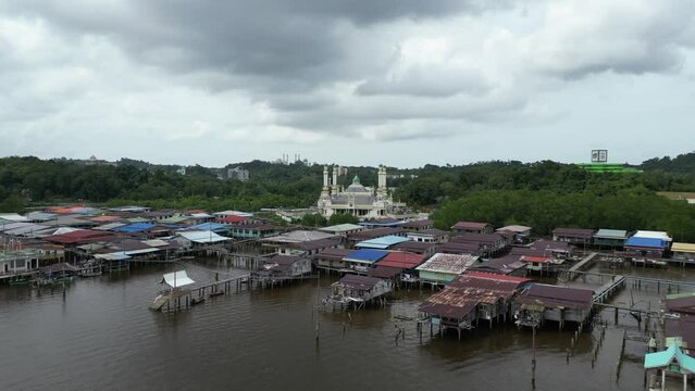 aerial drone shot over the floating villages of Kampong Ayer in Bandar Seri Bagawan in Brunei Darussalam
towards a mosque
