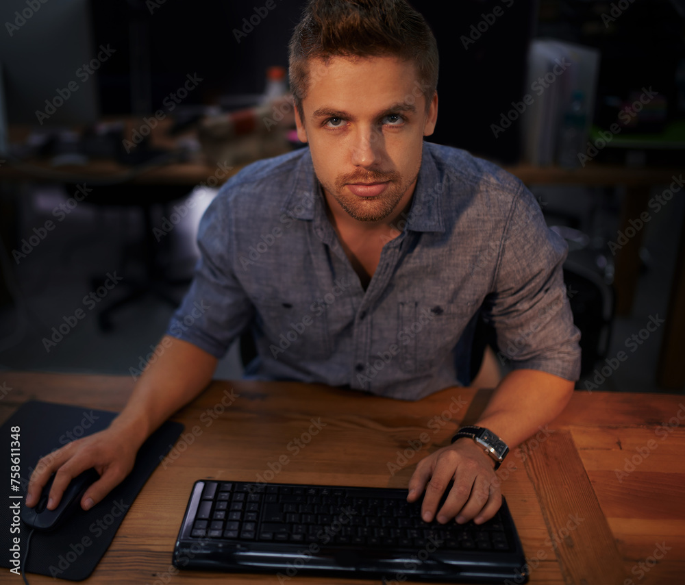 Aufkleber Man, face and keyboard for code, programmer and information technology with video game or software development. Internet, computer programming and network, gamer or developer for cyber security