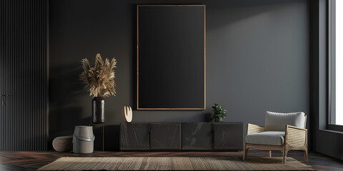  Modern empty living room and furniture decoration mock up design and black wall background texture Modern cozy living room and black wall texture background interior design 3d.