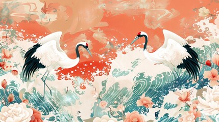 Japanese background with watercolor painting texture. Oriental natural wave pattern together with ocean sea decoration banner in vintage style. Floral pattern element.