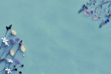 Floral background made of various summertime meadow flowers flat laid on a blue paper, top view,...