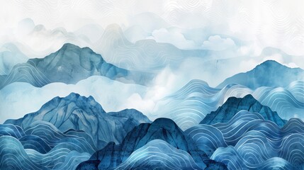 Cloud decorations with blue watercolor texture in vintage style. Abstract art landscape with mountains and ocean sea.