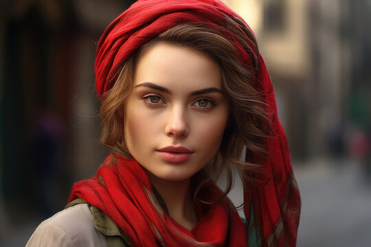 beautiful hungarian women model with headscarf hijab in standing the middle of the street 
