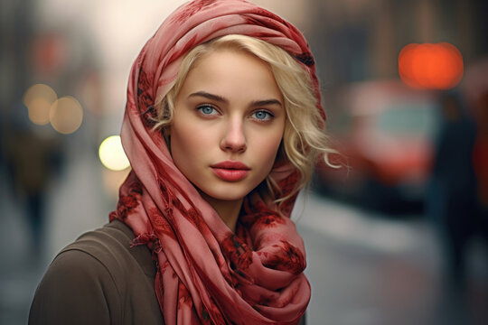 beautiful hungarian women model with headscarf hijab in standing the middle of the street