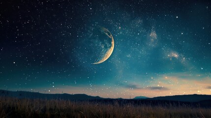 Fototapeta na wymiar Fantasy moon with rising star on epic space background. AI generated image