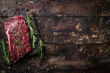 A piece of flank steak garnished with rosemary sprigs on a dark wood cutting board, ready to be cooked - obrazy, fototapety, plakaty